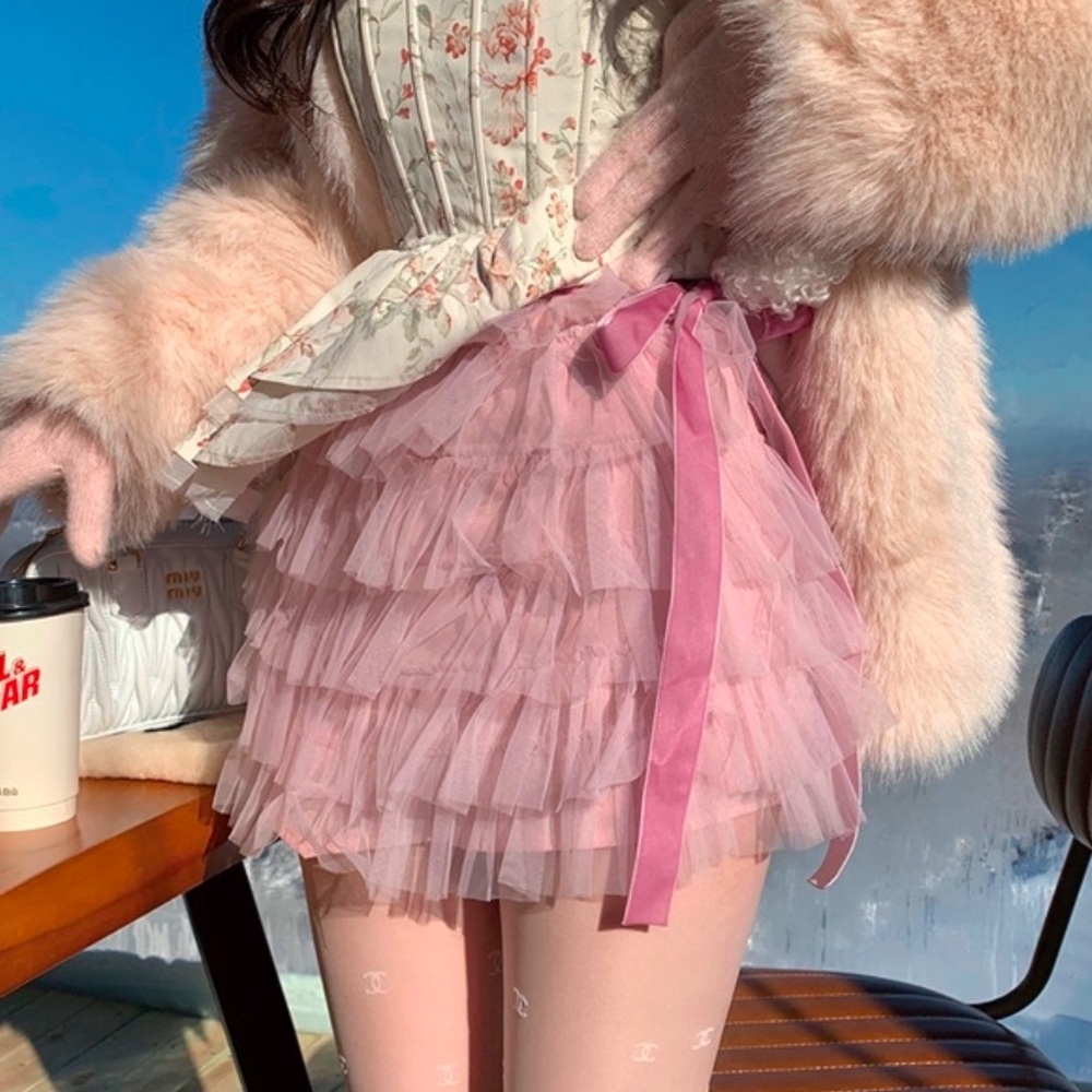 Japanese Kawaii Y2K Pastel Pink Velevt Bow Cottage Ballet Mini Tier Skirt Skorts